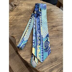 Vintage Vitaliano Pancaldi Italy Silk Tie Geometric Blue Yellow Abstract